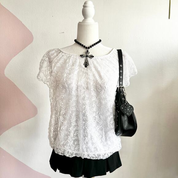 White Sheer Lace Floral Top, Coquette, Angelcore, Cottagecore, Romantic, Small - Picture 1 of 4
